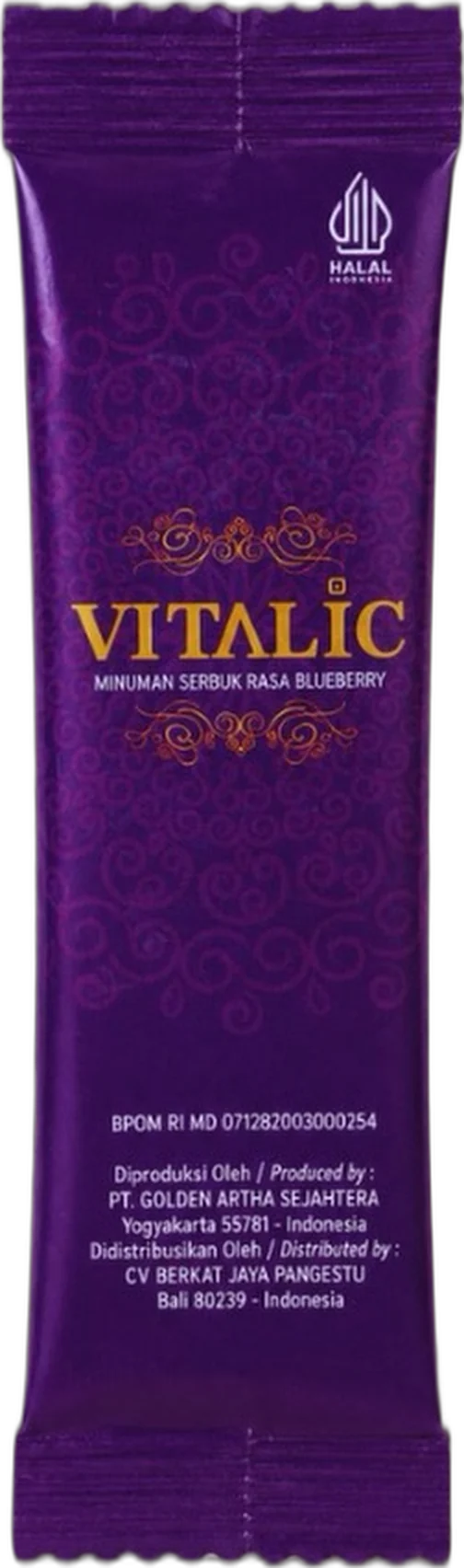 Sachet Vitalic, minuman serbuk rasa blueberry